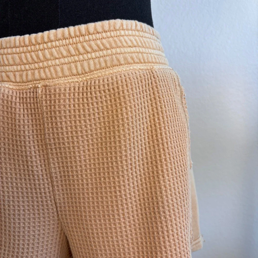 Aerie Womens XS Tan Waffle Knit Lounge Shorts High Waisted Thermal Smocked Waist